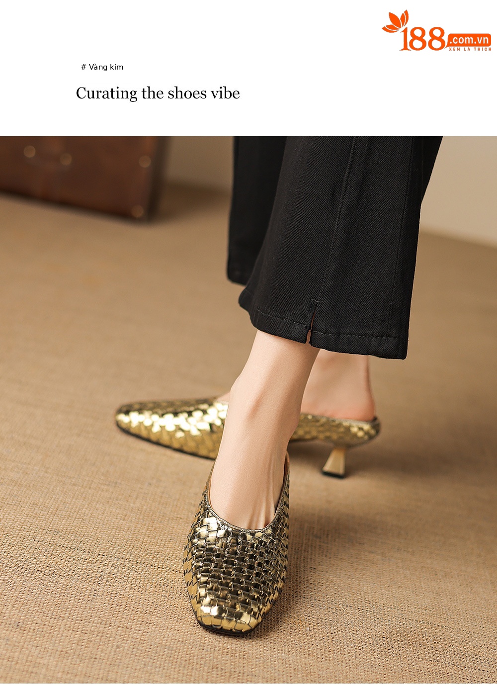 Sandal nữ mũi nhọn dệt vàng, gót 5 cm, phong cách thời trang — màu vàng chi tiết 17