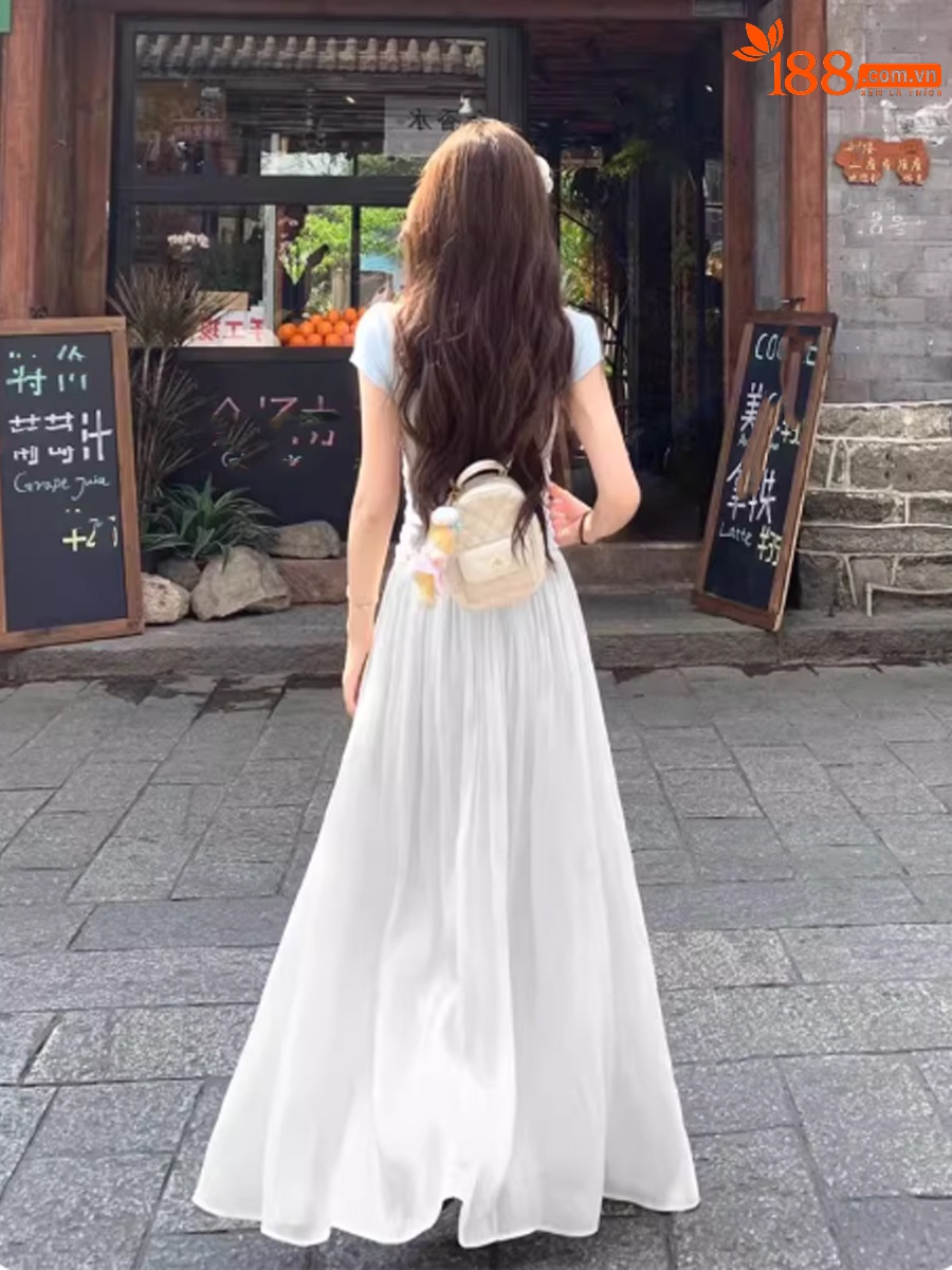 Chân váy dài satin nữ xòe nhẹ phong cách streamer — màu đen, màu hồng, màu tím, màu trắng chi tiết 1