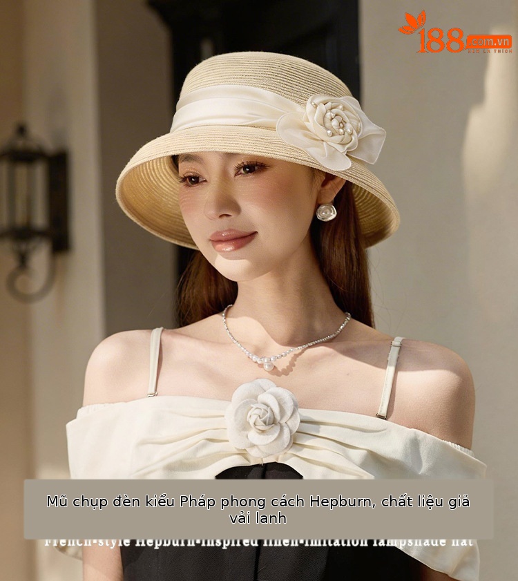 Mũ rơm nữ vành rộng phong cách Hepburn nơ hoa thanh lịch — màu be chi tiết 1