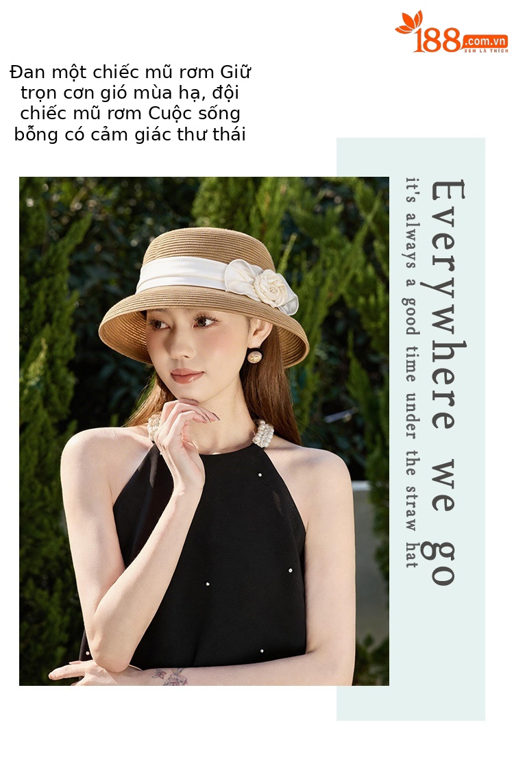 Mũ rơm nữ vành rộng phong cách Hepburn nơ hoa thanh lịch — màu be chi tiết 5