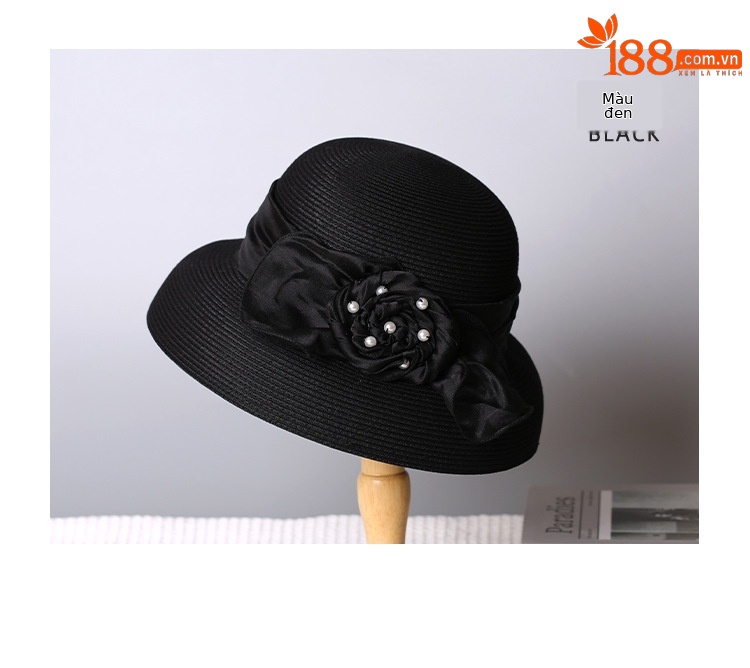 Mũ rơm nữ vành rộng phong cách Hepburn nơ hoa thanh lịch — màu be chi tiết 9