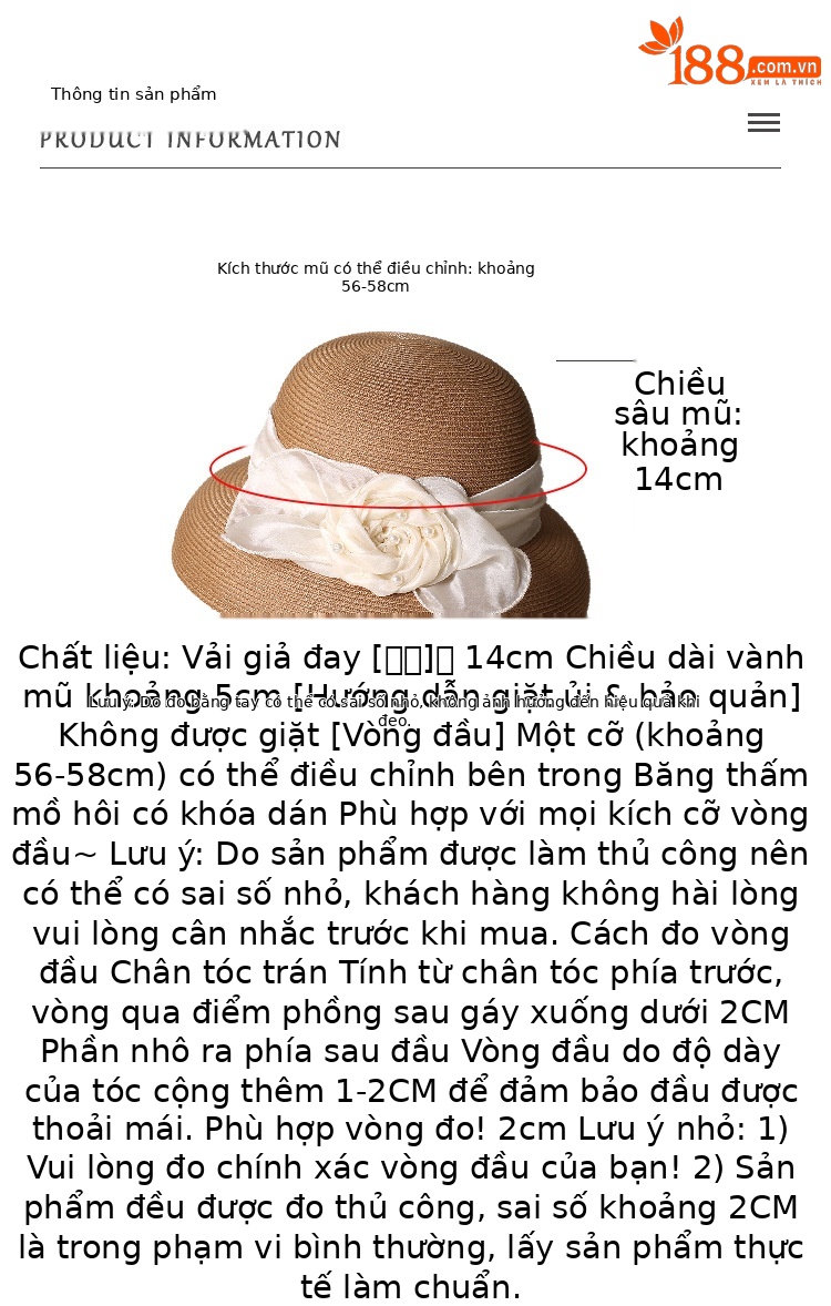 Mũ rơm nữ vành rộng phong cách Hepburn nơ hoa thanh lịch — màu be chi tiết 2
