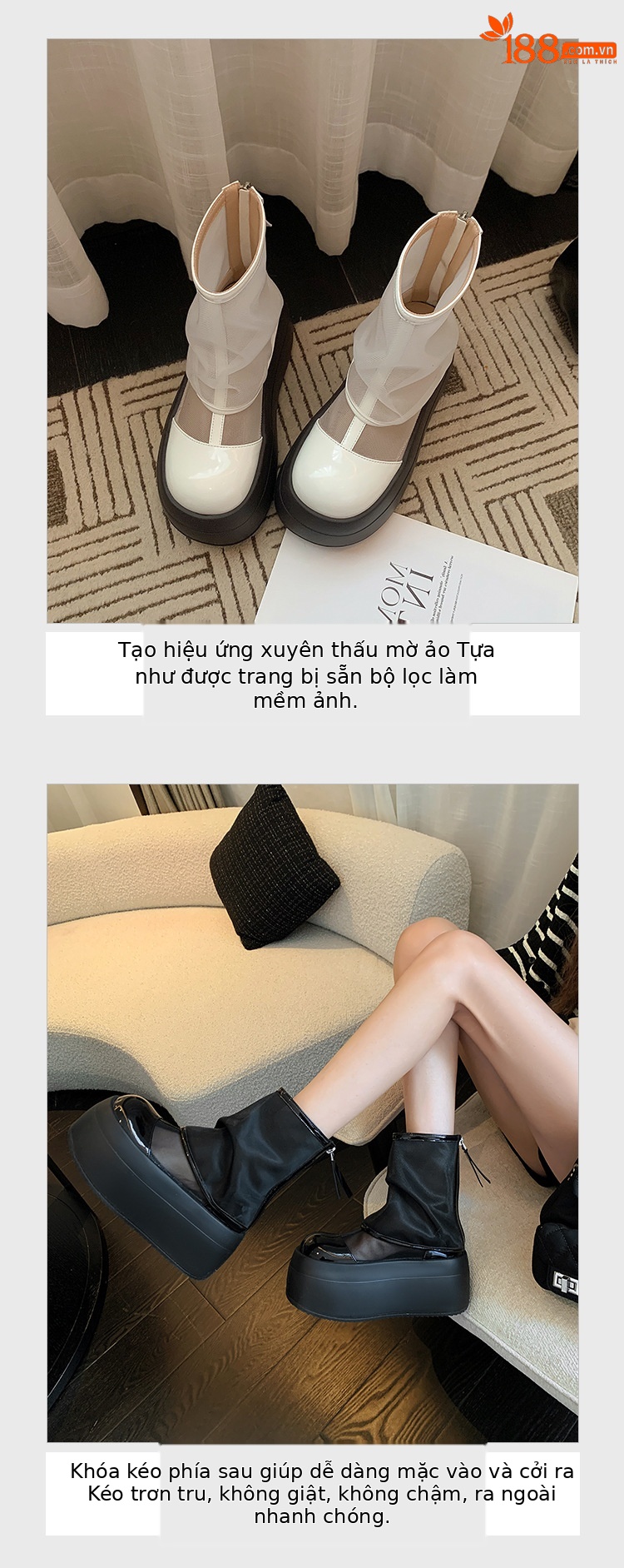 Boot lưới nữ mùa hè đế xuồng cao gót 9 cm — màu đen, màu trắng chi tiết 6