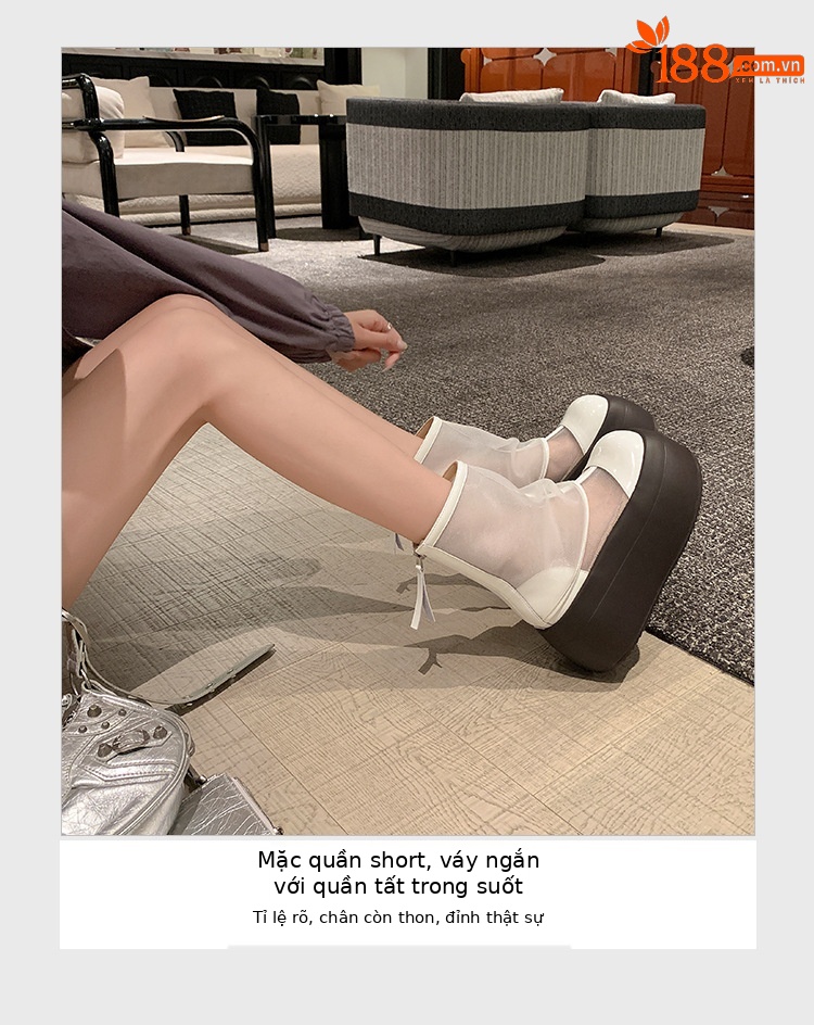 Boot lưới nữ mùa hè đế xuồng cao gót 9 cm — màu đen, màu trắng chi tiết 7