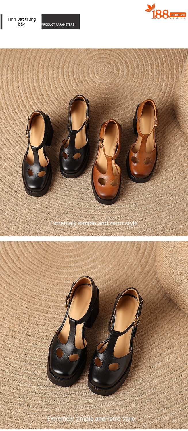 Sandal nữ đế xuồng platform gót vuông phong cách vintage khóa kim loại — màu nâu, màu đen chi tiết 15