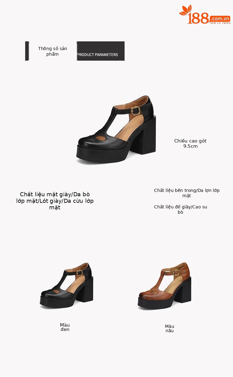 Sandal nữ đế xuồng platform gót vuông phong cách vintage khóa kim loại — màu nâu, màu đen chi tiết 2