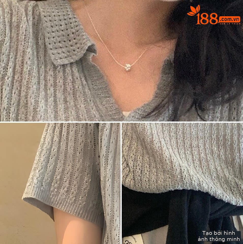 Áo thun nữ cổ polo phối ren họa tiết thắt nút tay ngắn — Đỏ thẫm, màu đen, trắng ngà, xanh nhạt chi tiết 8