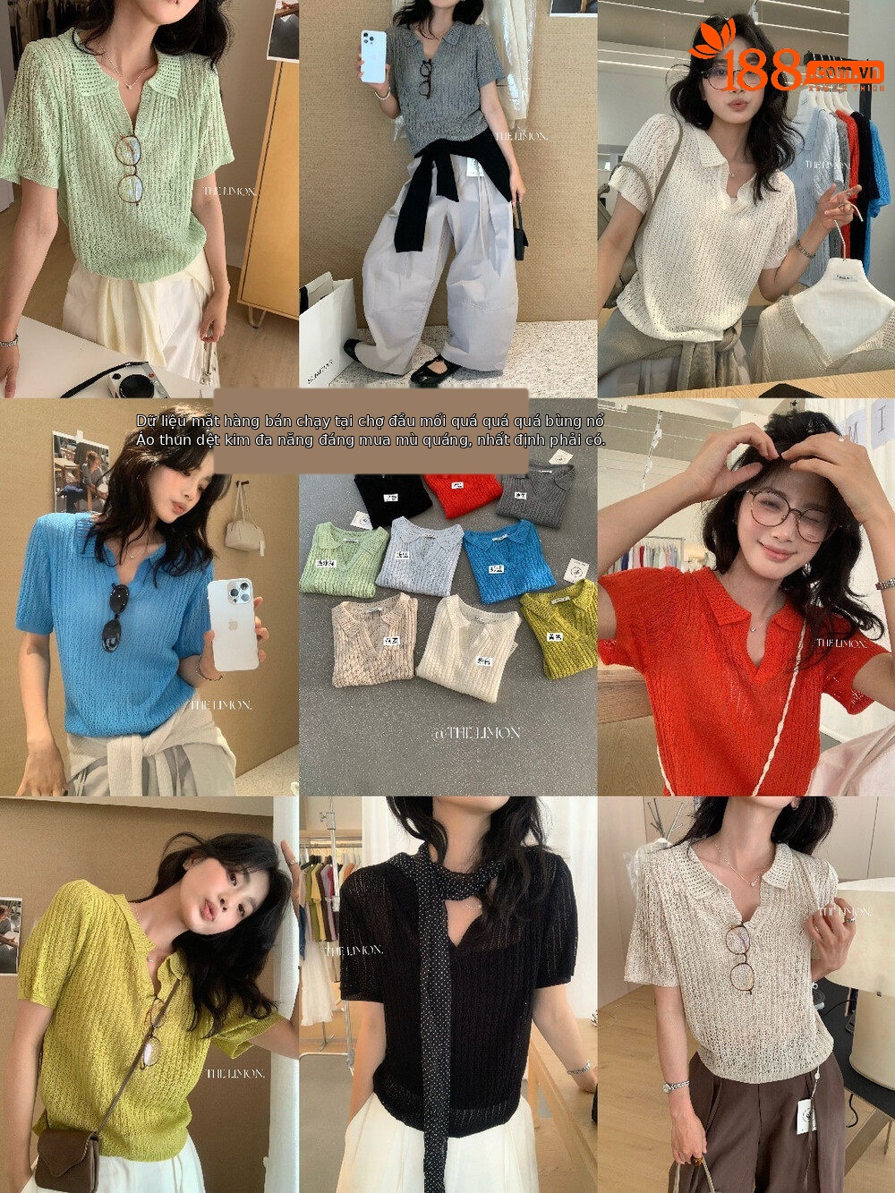 Áo thun nữ cổ polo phối ren họa tiết thắt nút tay ngắn — Đỏ thẫm, màu đen, trắng ngà, xanh nhạt chi tiết 14