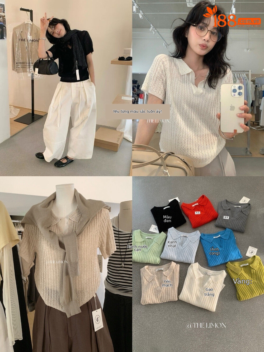 Áo thun nữ cổ polo phối ren họa tiết thắt nút tay ngắn — Đỏ thẫm, màu đen, trắng ngà, xanh nhạt chi tiết 21