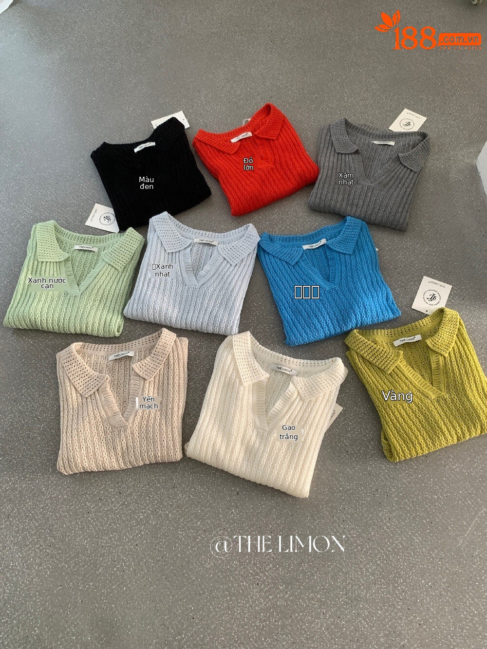 Áo thun nữ cổ polo phối ren họa tiết thắt nút tay ngắn — Đỏ thẫm, màu đen, trắng ngà, xanh nhạt chi tiết 24