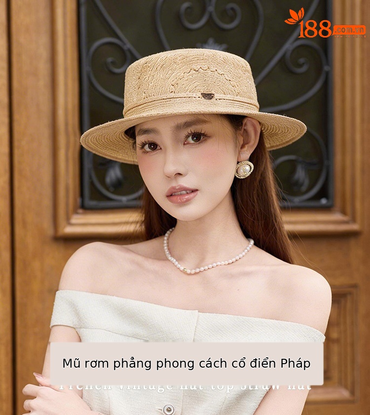 Mũ rơm nữ vành rộng phong cách Pháp Old Money, đỉnh phẳng rỗng, che nắng đi biển — Màu sắc chi tiết 1