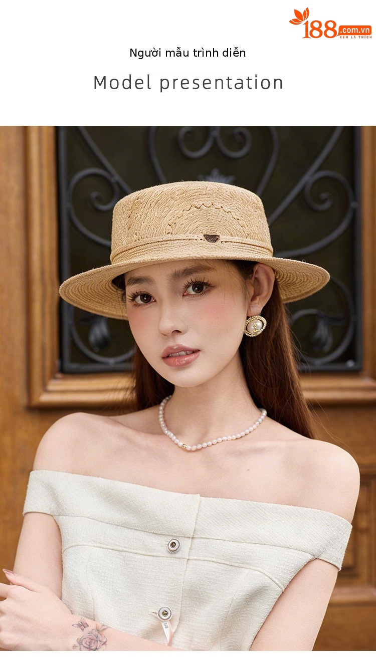 Mũ rơm nữ vành rộng phong cách Pháp Old Money, đỉnh phẳng rỗng, che nắng đi biển — Màu sắc chi tiết 4