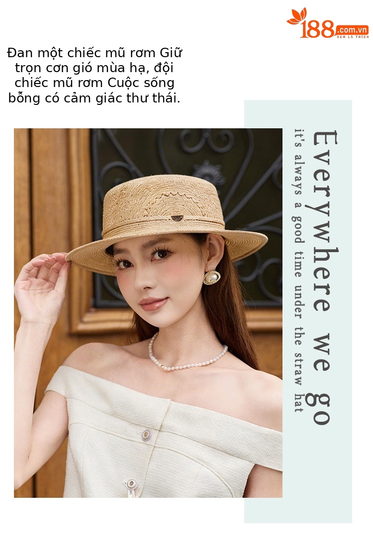 Mũ rơm nữ vành rộng phong cách Pháp Old Money, đỉnh phẳng rỗng, che nắng đi biển — Màu sắc chi tiết 5