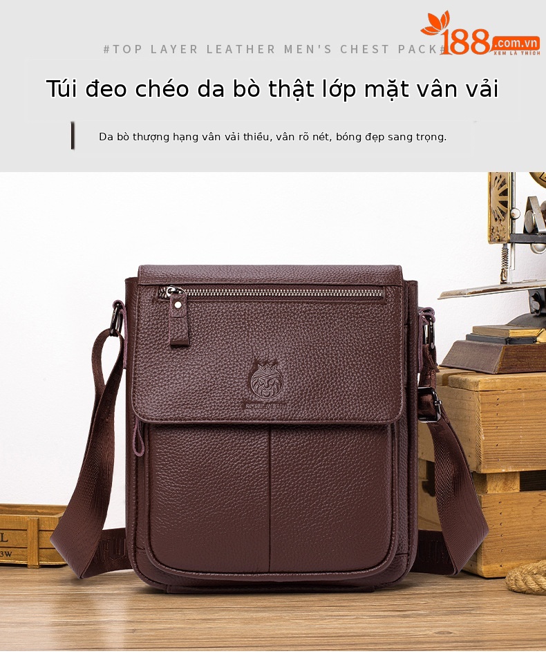 Túi đeo chéo nam da bò thật phong cách vintage, dung tích lớn, nắp gập — Màu cà phê, Màu đen chi tiết 2
