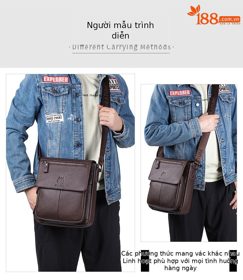 Túi đeo chéo nam da bò thật phong cách vintage, dung tích lớn, nắp gập — Màu cà phê, Màu đen chi tiết 3
