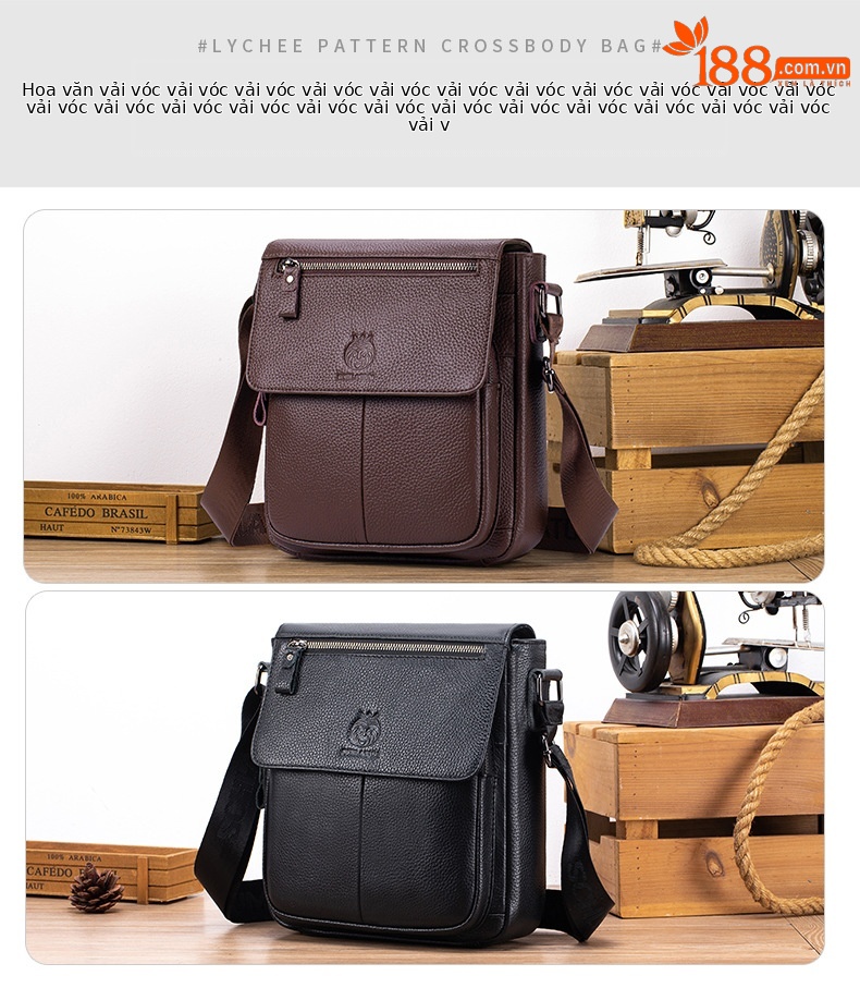 Túi đeo chéo nam da bò thật phong cách vintage, dung tích lớn, nắp gập — Màu cà phê, Màu đen chi tiết 4