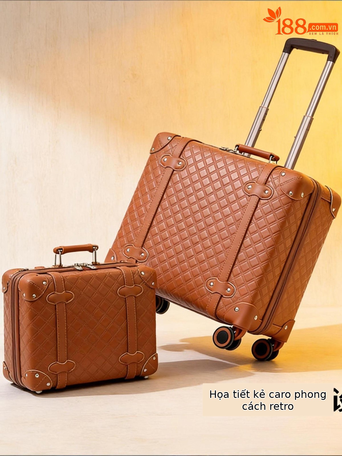 Vali da phục cổ họa tiết caro 20 inch nhẹ kéo tay — Màu caramel