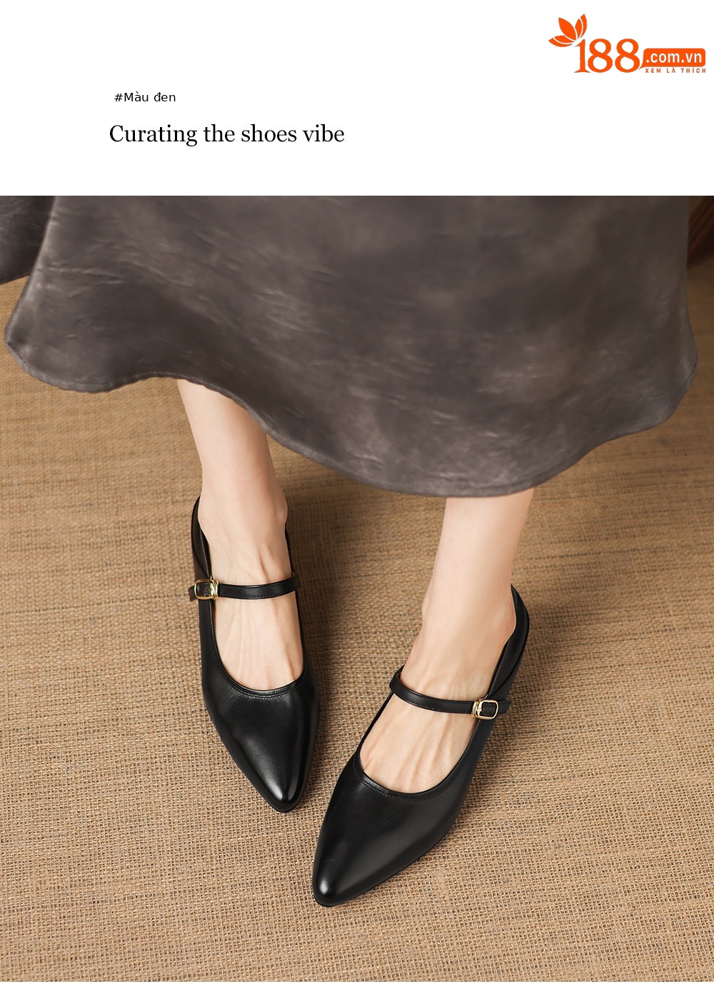 Giày Mary Jane nữ quai ngang có khóa, gót vuông 4,5 cm, mũi nhọn, da bò — đen chi tiết 3