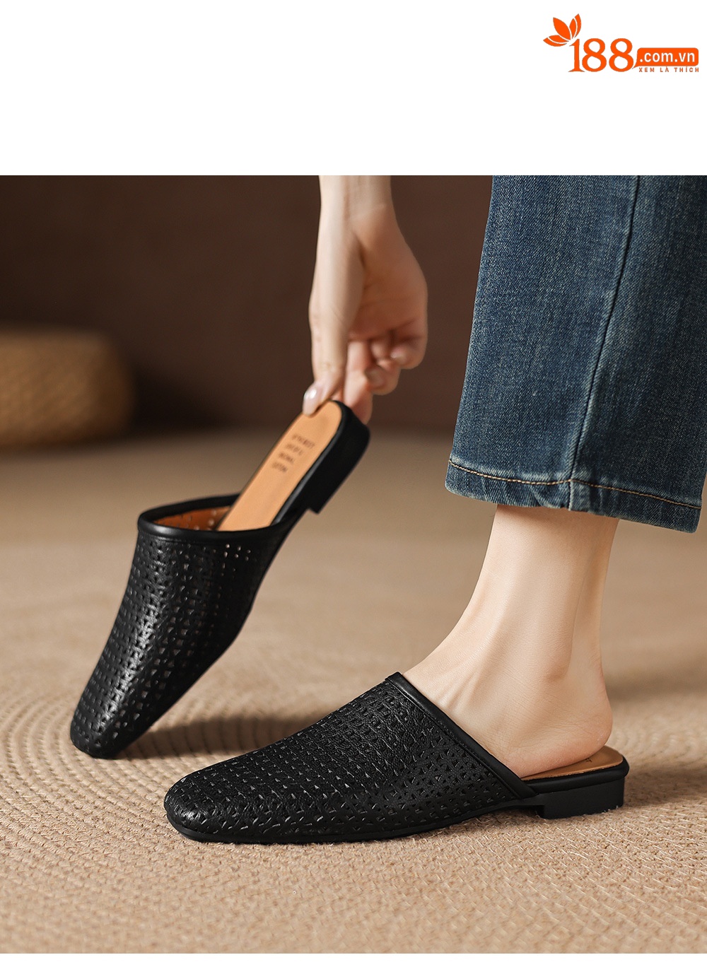 Dép sandal nữ quai chữ V đế bệt da bò mùa xuân hè — đen chi tiết 18