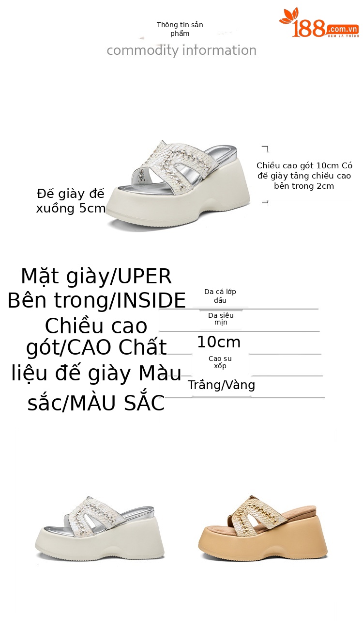 Dép sandal nữ xỏ ngón đế bệt phong cách trẻ trung, gót 10 cm — màu vàng, màu trắng chi tiết 3