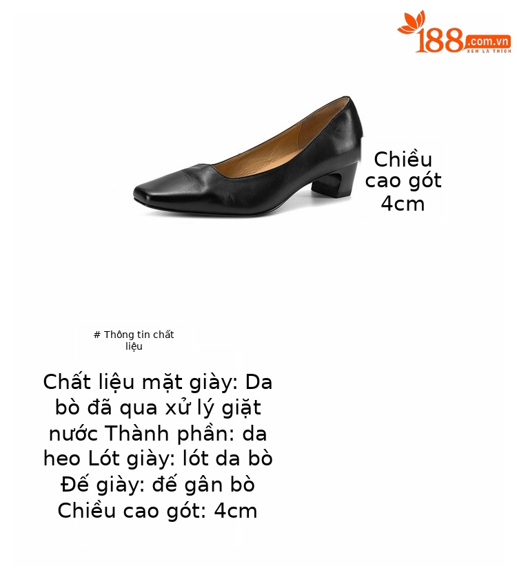 Giày cao gót nữ mũi vuông da bò gót thấp 4 cm phong cách đơn giản đi làm — đen chi tiết 3