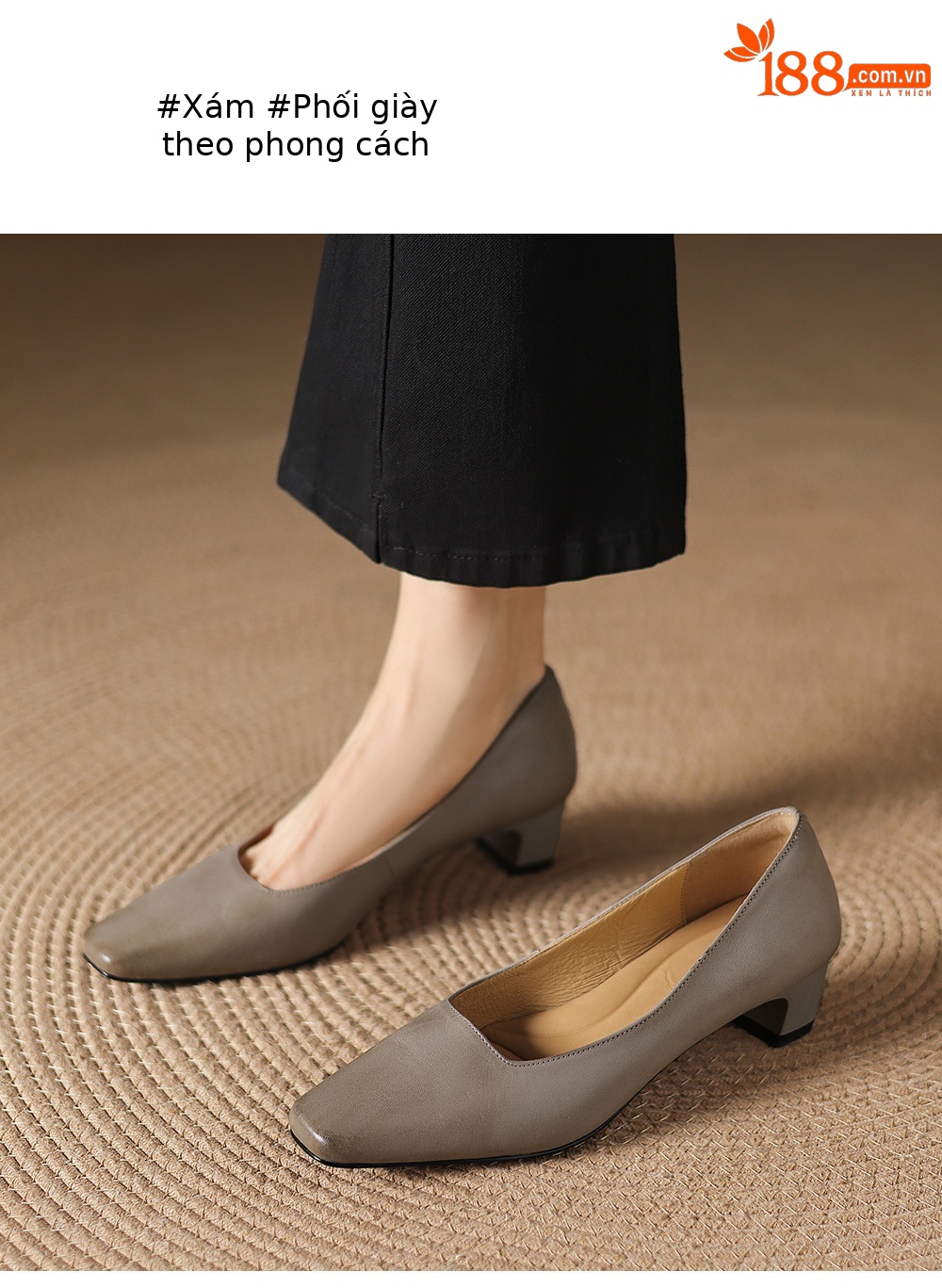 Giày cao gót nữ mũi vuông da bò gót thấp 4 cm phong cách đơn giản đi làm — đen chi tiết 7