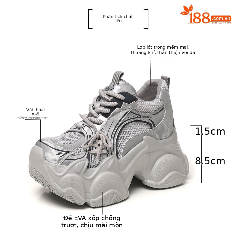 Giày sneaker nữ đế dày tăng chiều cao lưới thoáng khí phong cách giày bố — màu trắng chi tiết 3