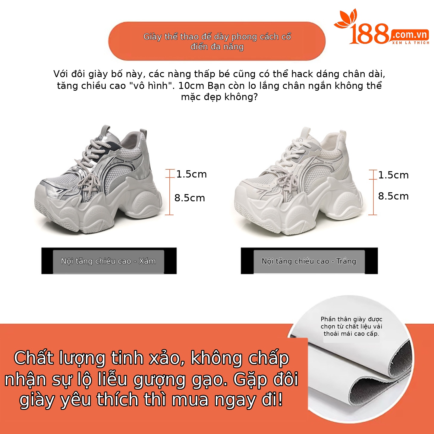 Giày sneaker nữ đế dày tăng chiều cao lưới thoáng khí phong cách giày bố — màu trắng