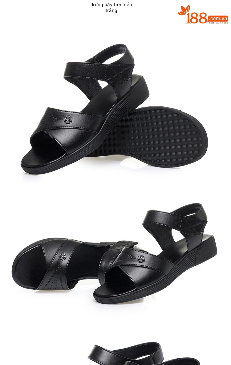 Sandal nữ da thật đế bệt hở mũi phong cách đơn giản — màu đen chi tiết 15