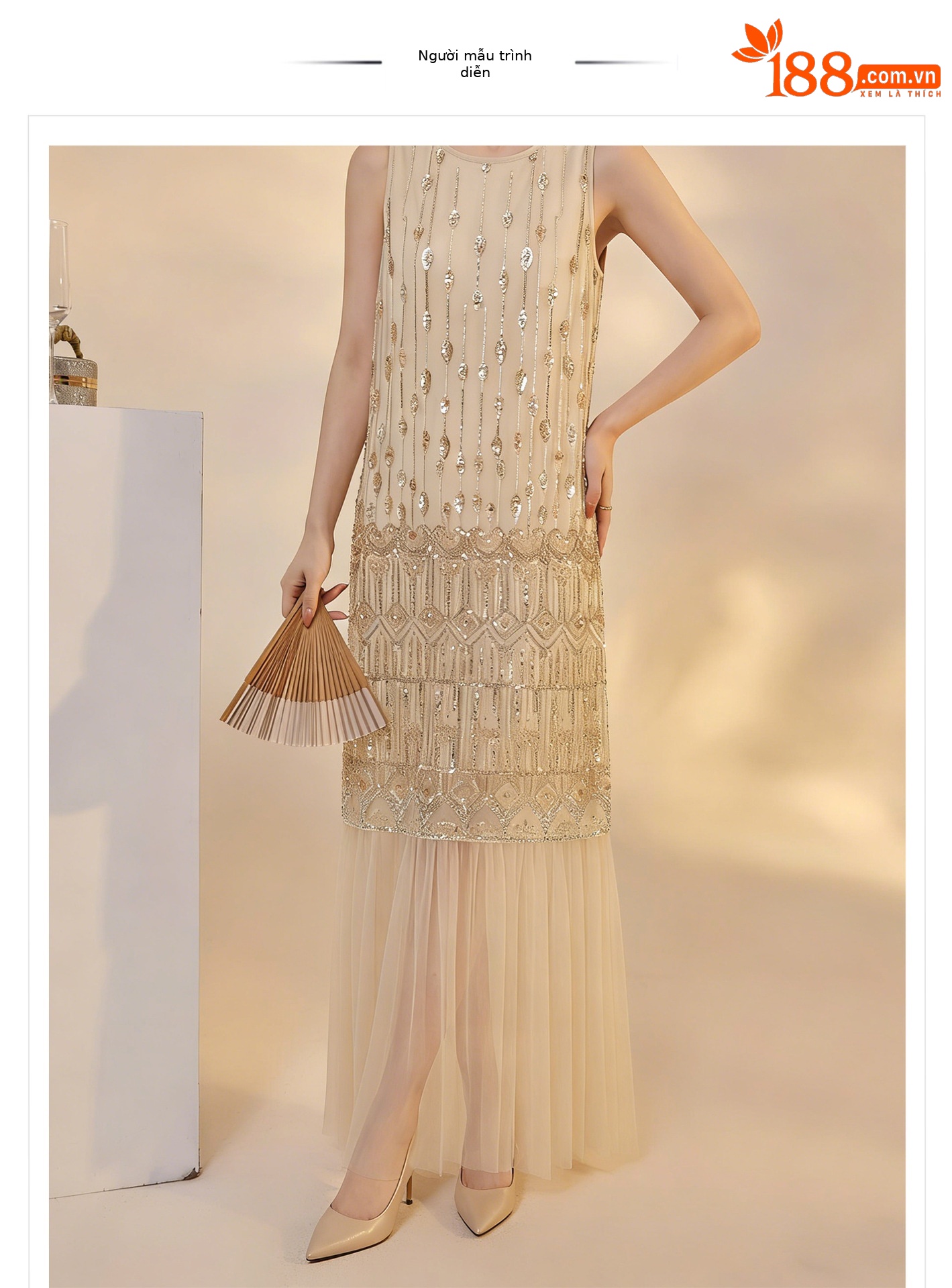 Đầm suông nữ midi phong cách Guofeng tay không sequin cao cấp — màu trắng ngà chi tiết 1