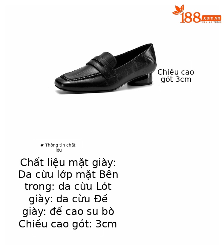 Giày loafer nữ da dê mũi vuông gót thấp cổ điển — đen chi tiết 3
