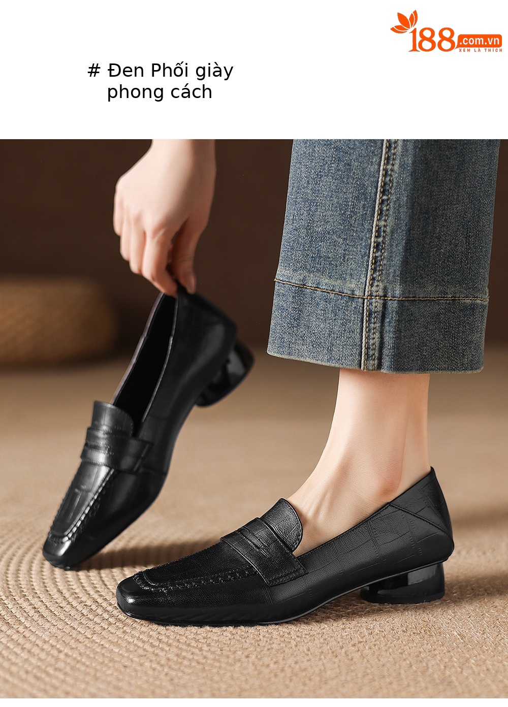 Giày loafer nữ da dê mũi vuông gót thấp cổ điển — đen chi tiết 7
