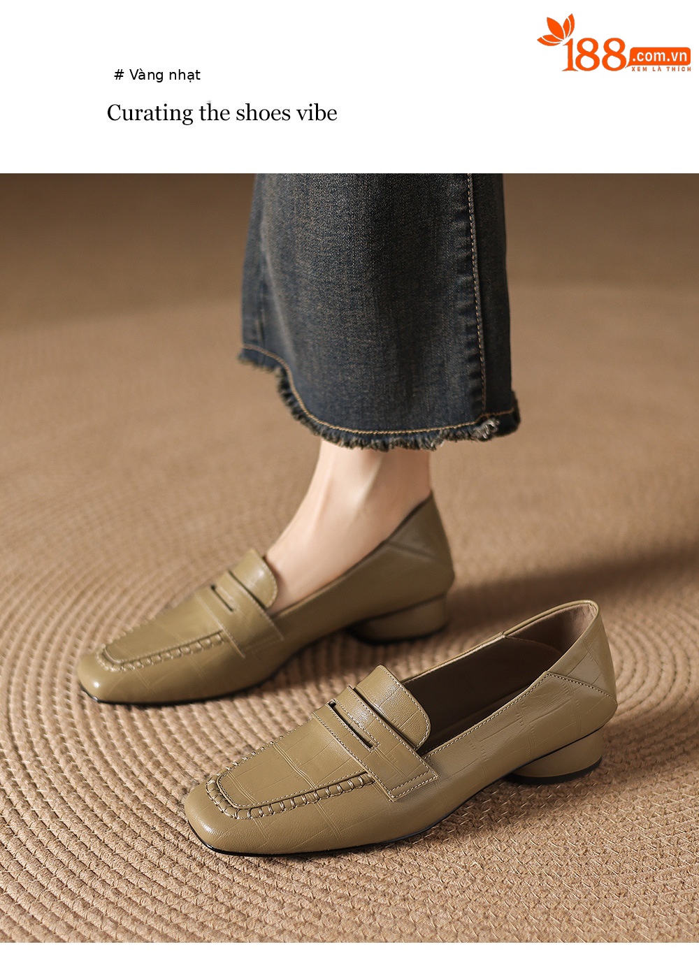 Giày loafer nữ da dê mũi vuông gót thấp cổ điển — đen chi tiết 13