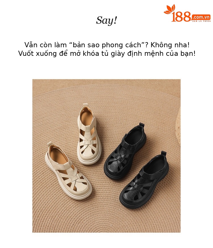 Sandal nữ đế dày da cừu phối quai ngang phong cách học đường — màu đen, màu trắng ngà chi tiết 2