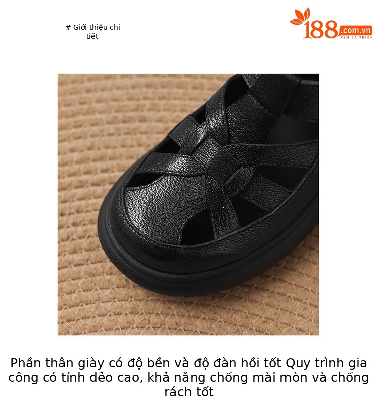 Sandal nữ đế dày da cừu phối quai ngang phong cách học đường — màu đen, màu trắng ngà chi tiết 6