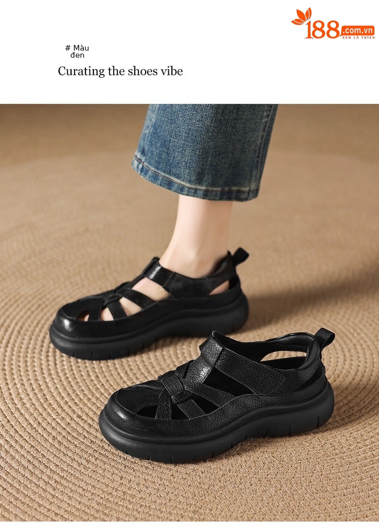 Sandal nữ đế dày da cừu phối quai ngang phong cách học đường — màu đen, màu trắng ngà chi tiết 10