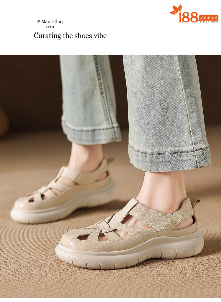 Sandal nữ đế dày da cừu phối quai ngang phong cách học đường — màu đen, màu trắng ngà chi tiết 18
