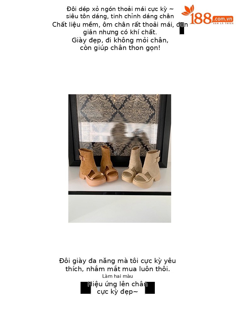 Boot sandal hở mũi gót vuông đế dày da lộn khóa kéo sau — Màu caramel, màu mơ chi tiết 3