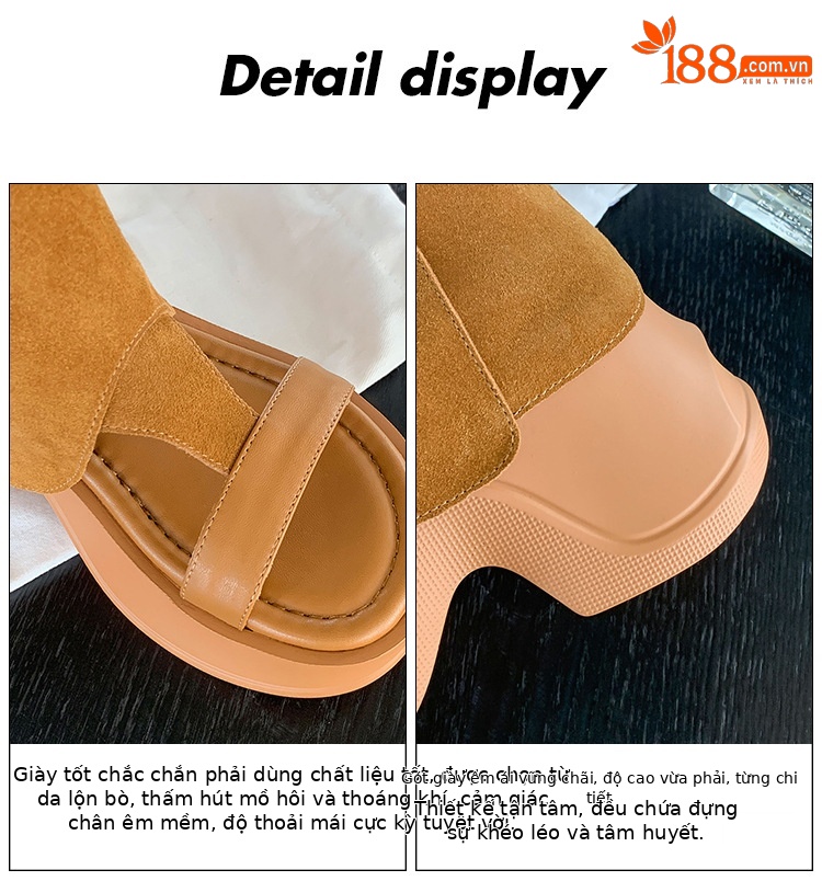Boot sandal hở mũi gót vuông đế dày da lộn khóa kéo sau — Màu caramel, màu mơ chi tiết 5