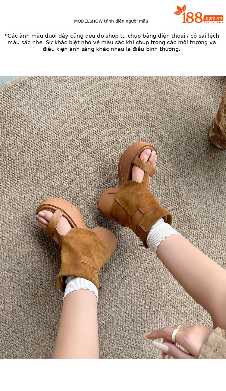 Boot sandal hở mũi gót vuông đế dày da lộn khóa kéo sau — Màu caramel, màu mơ chi tiết 7