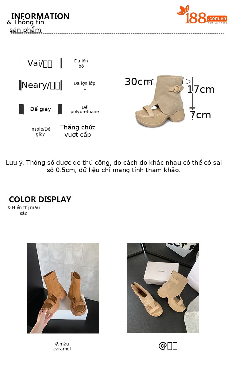 Boot sandal hở mũi gót vuông đế dày da lộn khóa kéo sau — Màu caramel, màu mơ chi tiết 4