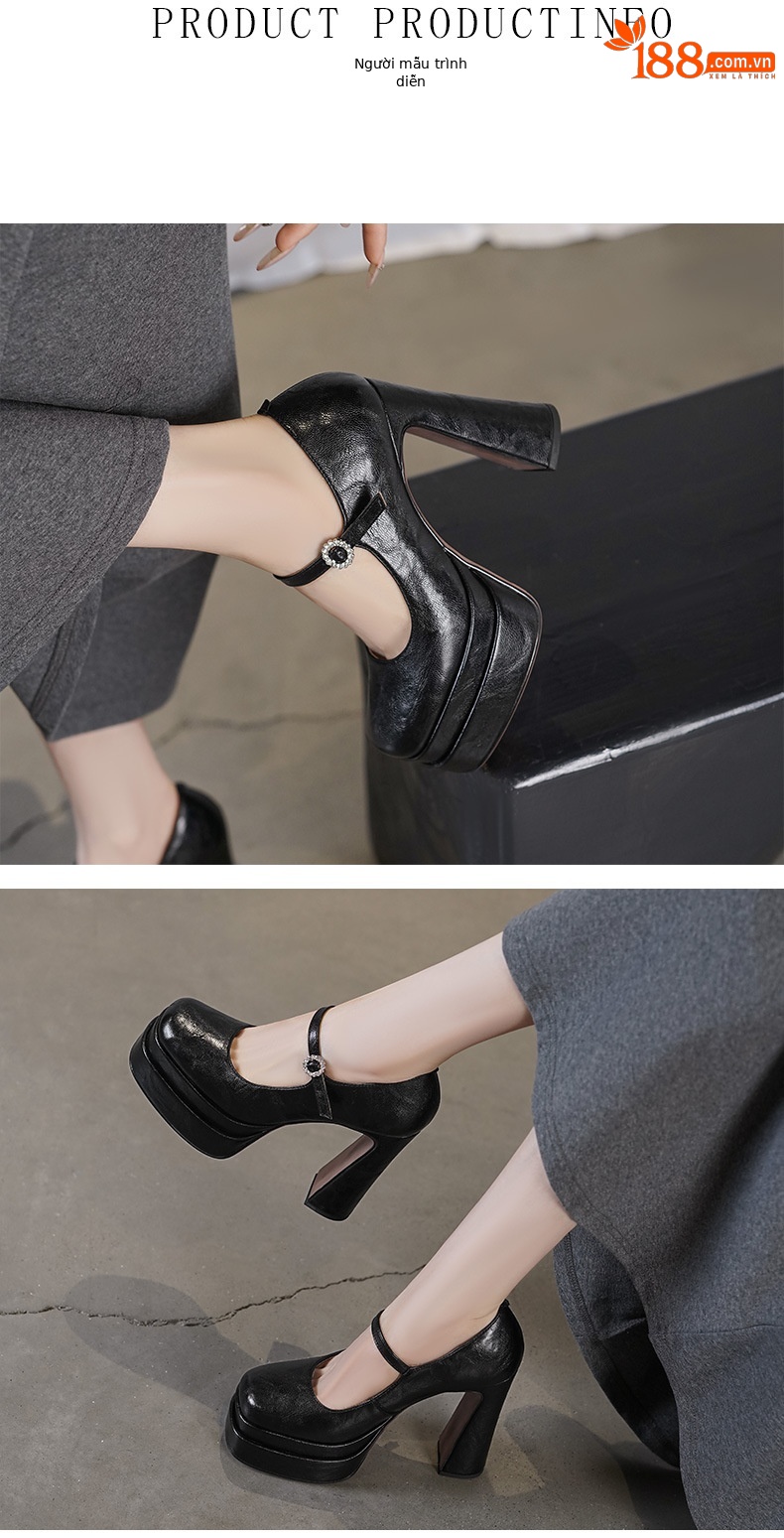 Giày cao gót nữ mũi vuông kiểu Pháp, cổ thấp, đế platform, quai một chữ, gót siêu cao 12 cm, phù hợp dự tiệc cưới — màu đen, màu trắng ngà chi tiết 2