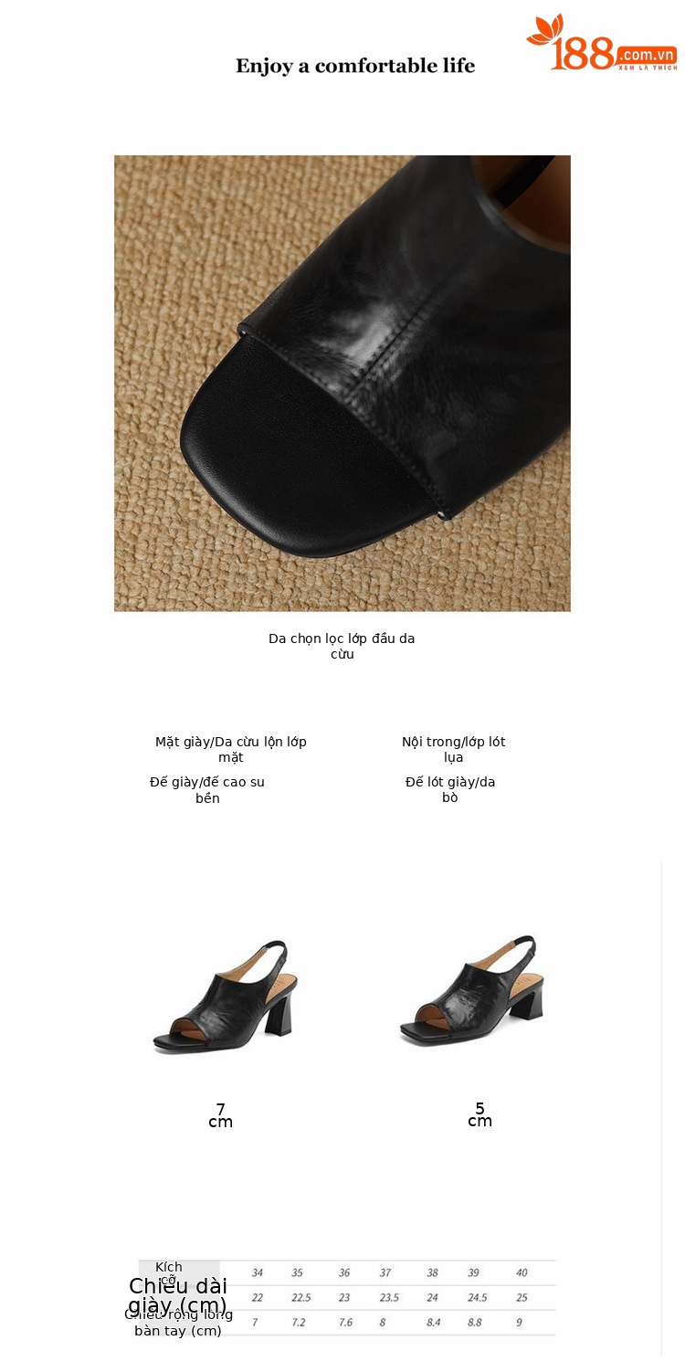 Sandal cao gót nữ hở mũi quai ngang gót vuông 7 cm mũi vuông phong cách Hàn — Đen và cao 7 cm chi tiết 3