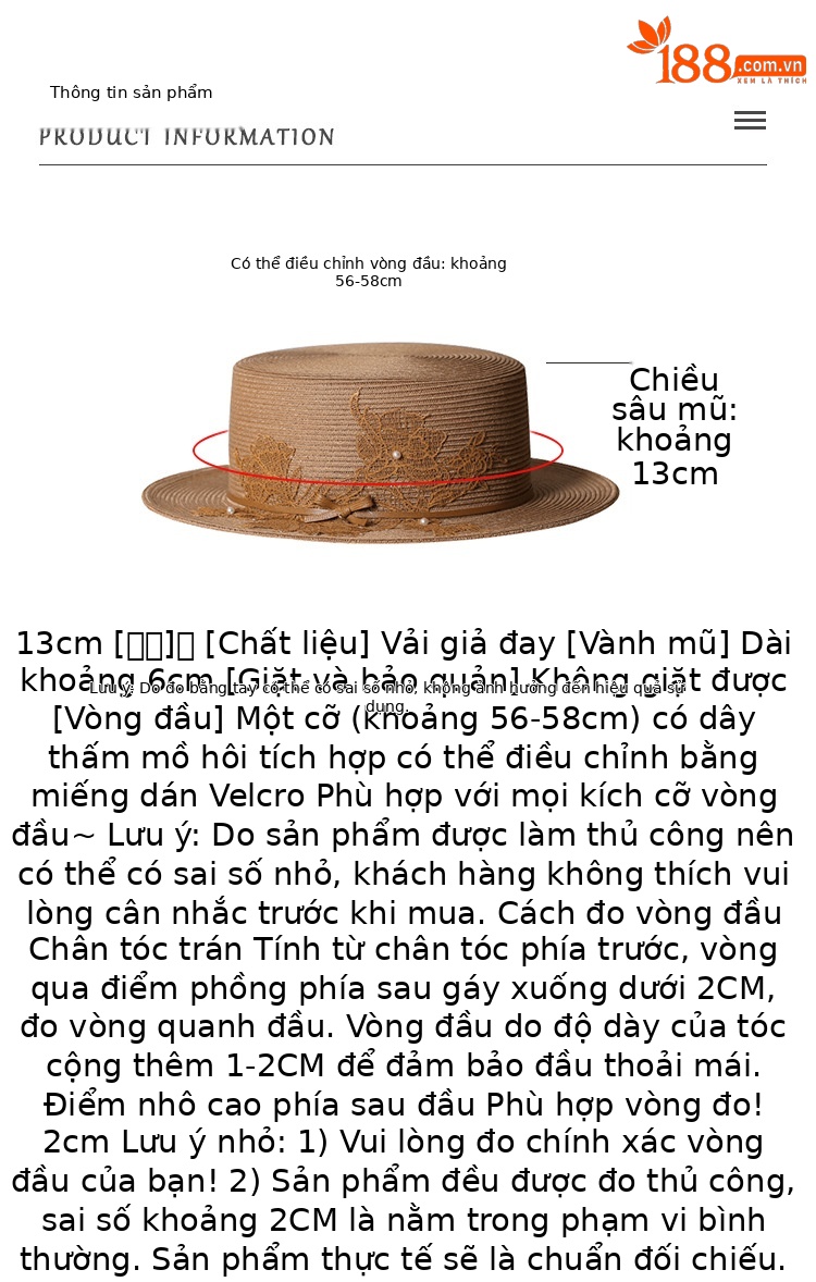 Mũ rộng vành chống nắng nữ ren hoa thanh lịch, phong cách Nhật Bản, điều chỉnh 56-58cm — màu trắng chi tiết 2