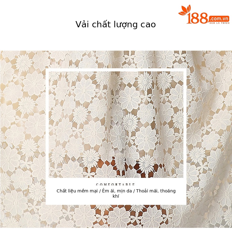 Đầm maxi nữ cổ V ren thắt eo tay ngắn họa tiết rỗng — màu đen, Rượu vang đỏ, màu hồng đậm, màu trắng chi tiết 5