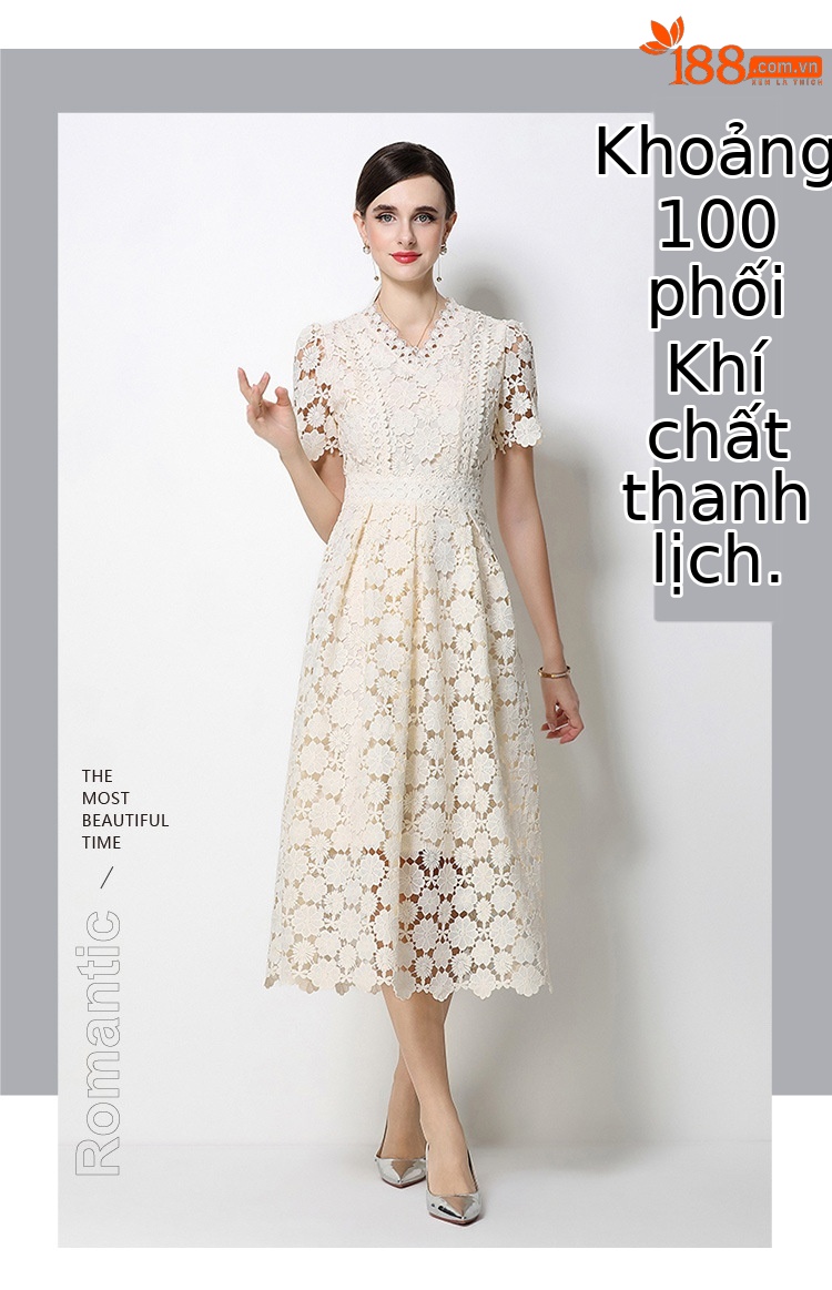 Đầm maxi nữ cổ V ren thắt eo tay ngắn họa tiết rỗng — màu đen, Rượu vang đỏ, màu hồng đậm, màu trắng chi tiết 6