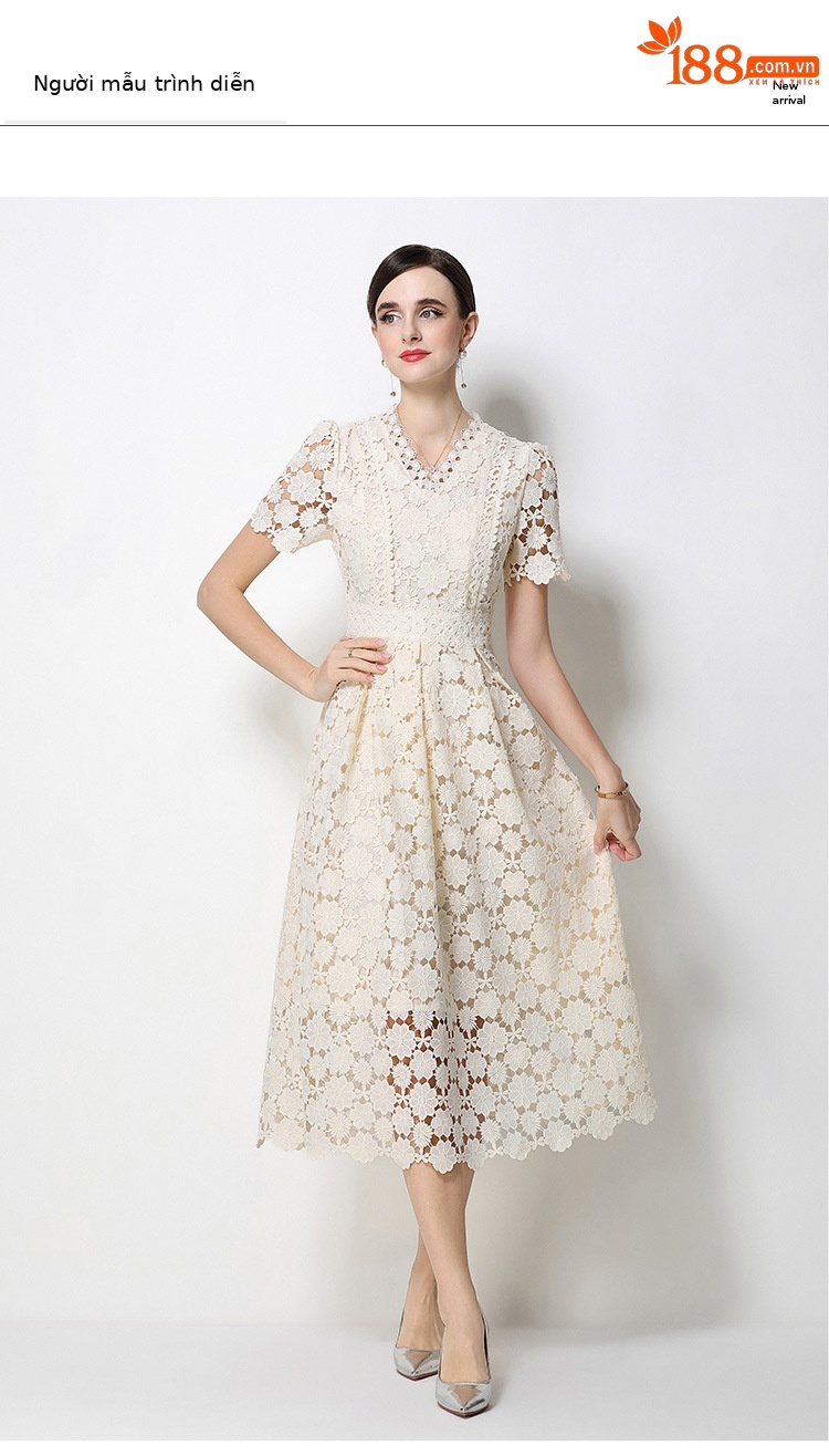 Đầm maxi nữ cổ V ren thắt eo tay ngắn họa tiết rỗng — màu đen, Rượu vang đỏ, màu hồng đậm, màu trắng chi tiết 11