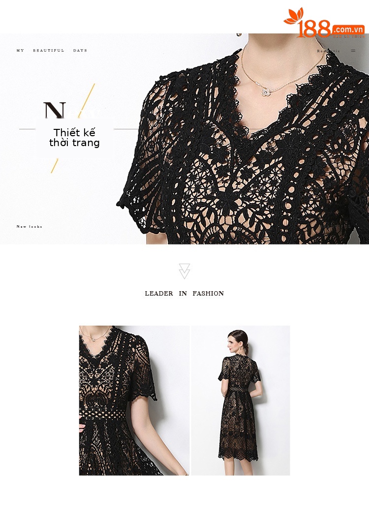 Đầm maxi nữ cổ V ren thắt eo tay ngắn họa tiết rỗng — màu đen, Rượu vang đỏ, màu hồng đậm, màu trắng chi tiết 20