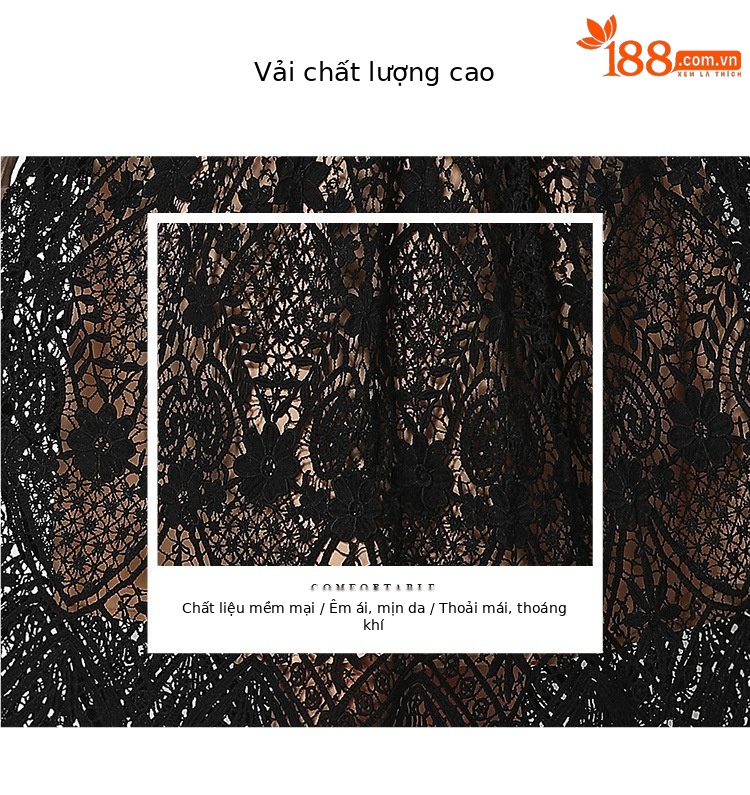 Đầm maxi nữ cổ V ren thắt eo tay ngắn họa tiết rỗng — màu đen, Rượu vang đỏ, màu hồng đậm, màu trắng chi tiết 23