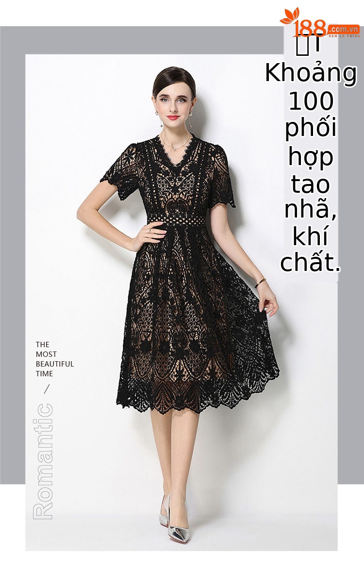 Đầm maxi nữ cổ V ren thắt eo tay ngắn họa tiết rỗng — màu đen, Rượu vang đỏ, màu hồng đậm, màu trắng chi tiết 24